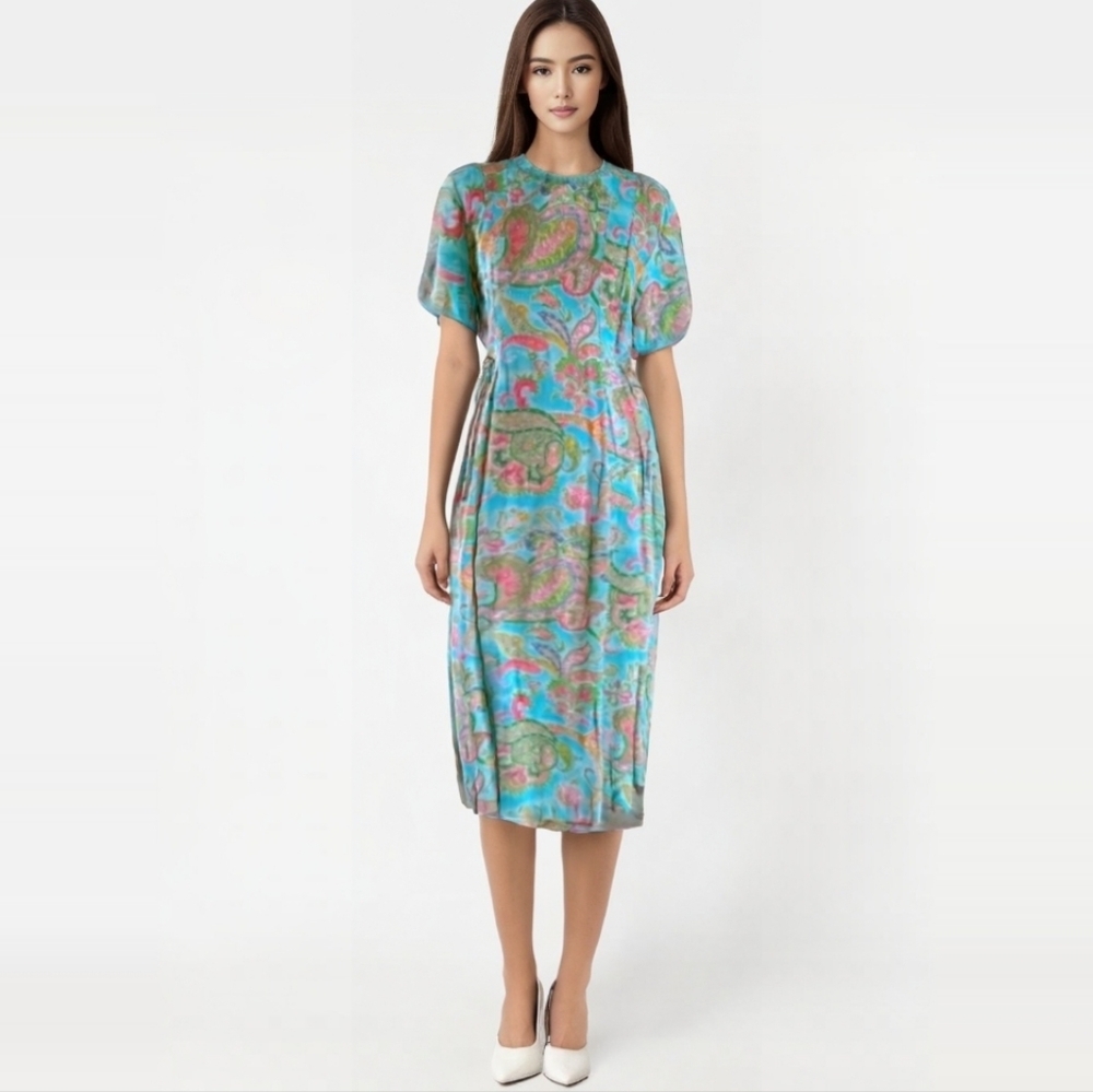 80's Sarah Elizabeth Blue And Pink Paisley Midi Dress